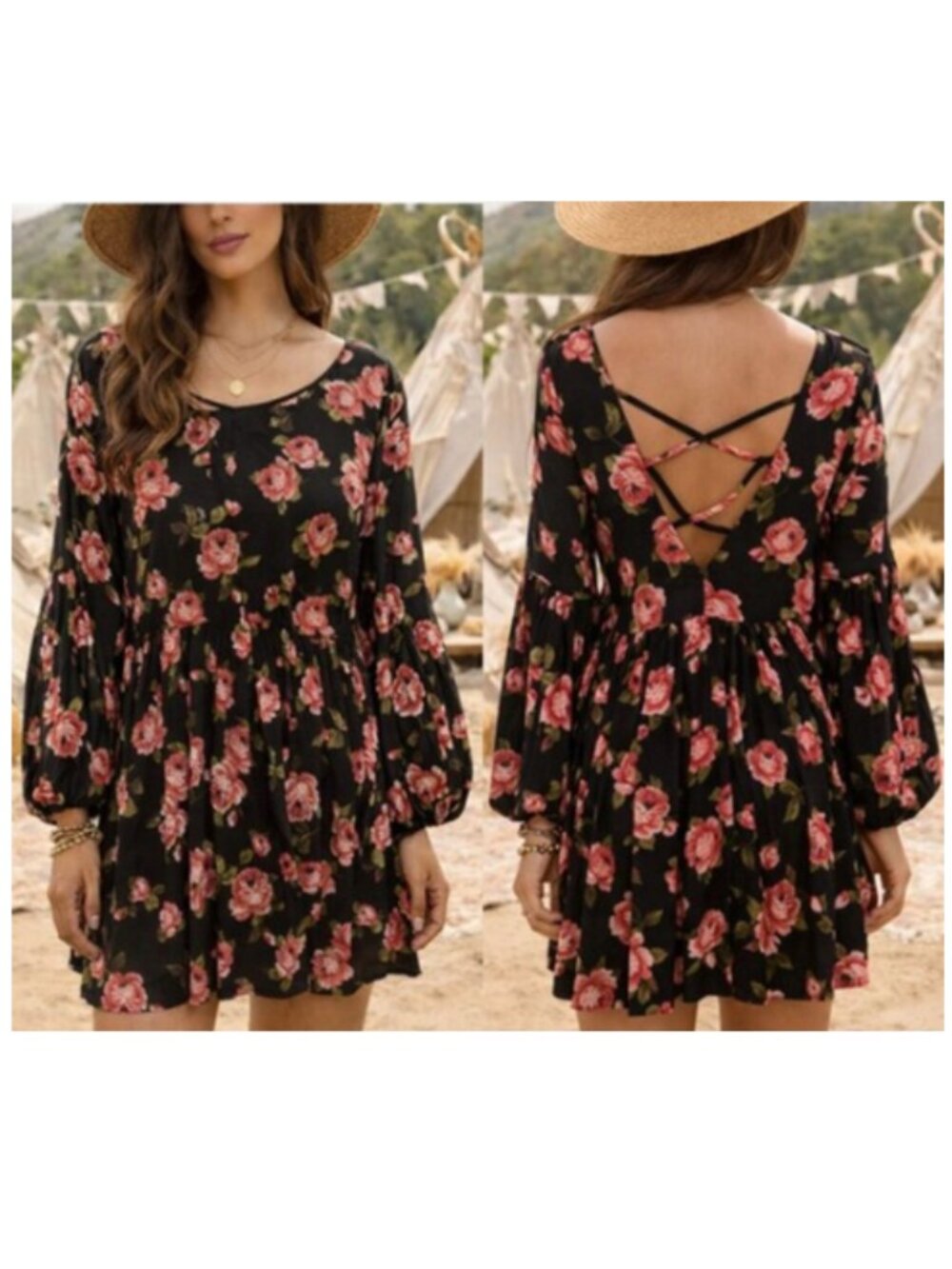 Boho Rose Floral Long Sleeve Loose Fit Dress - Medium